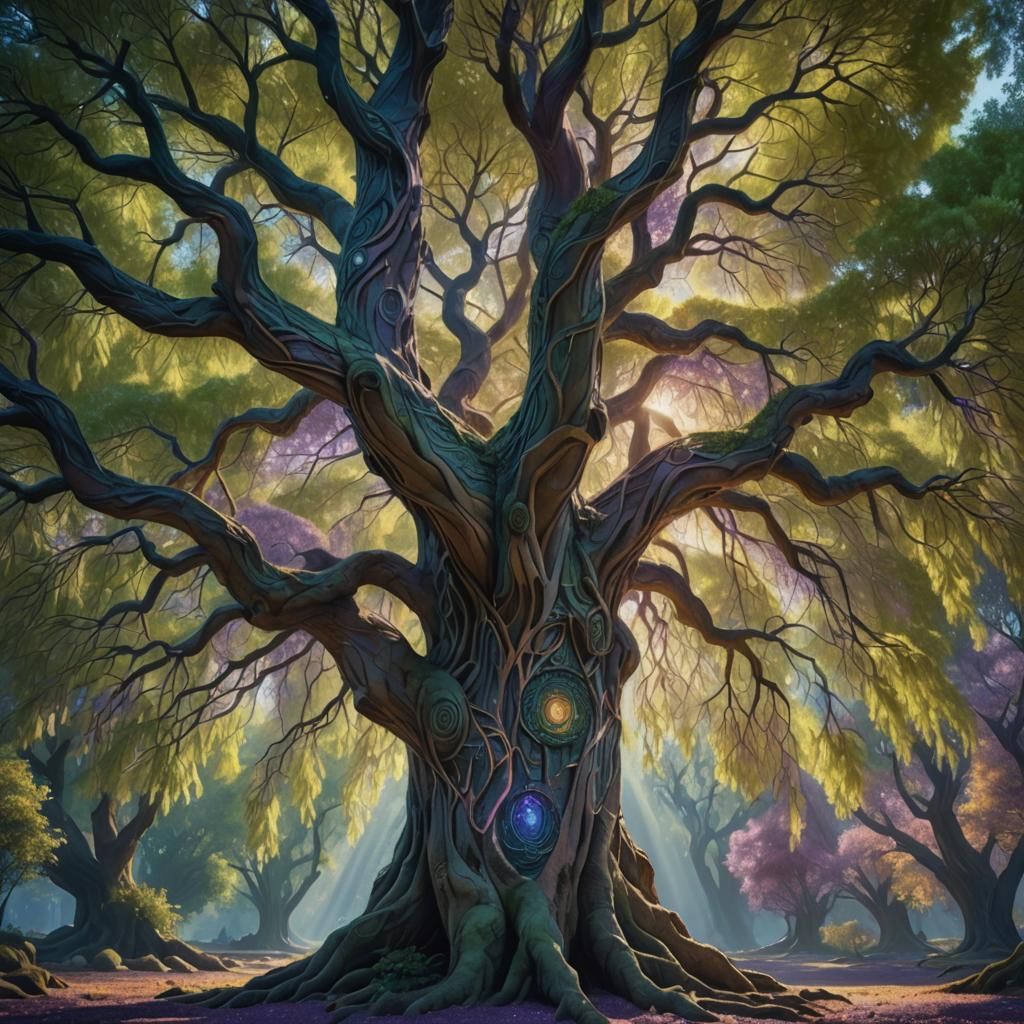 Glowing Willow Tree in Surreal Landscape