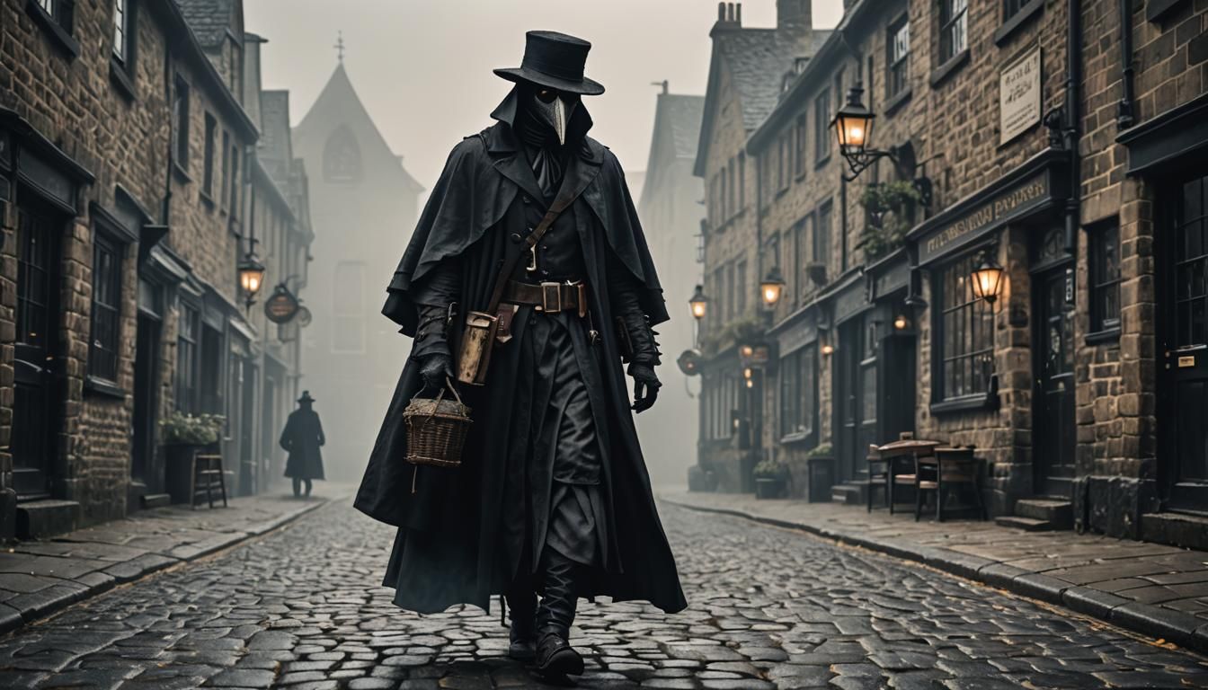 Plague Doctor in Foggy Street: Hyperrealistic Cinematic Scen...