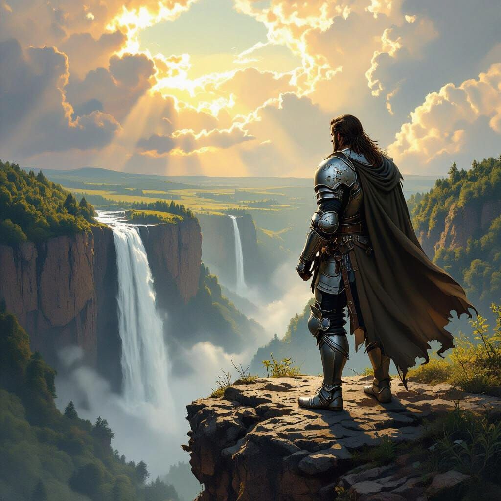 Valiant Knight Overlooking Wilderness in High Fantasy Style