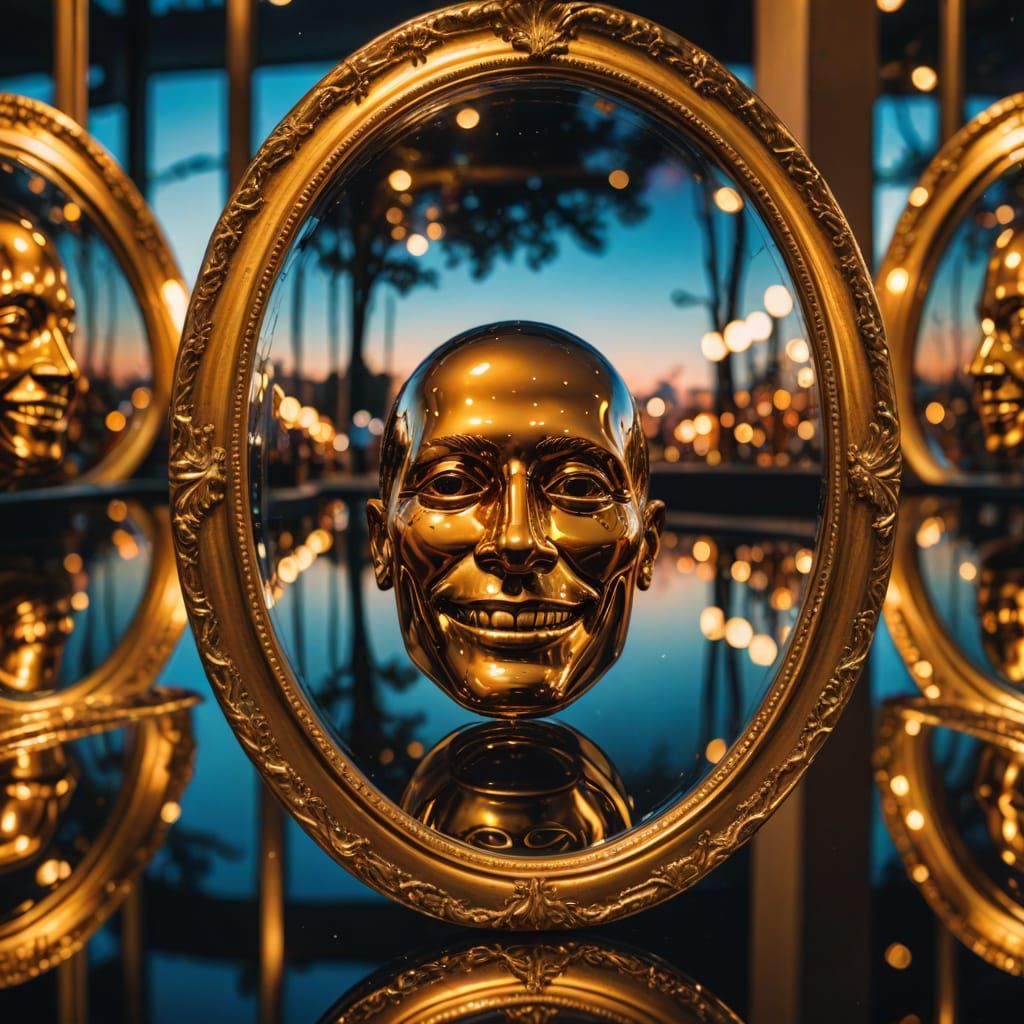 Surreal Smile Reflected in Mirrors with Vibrant Oil Painting...