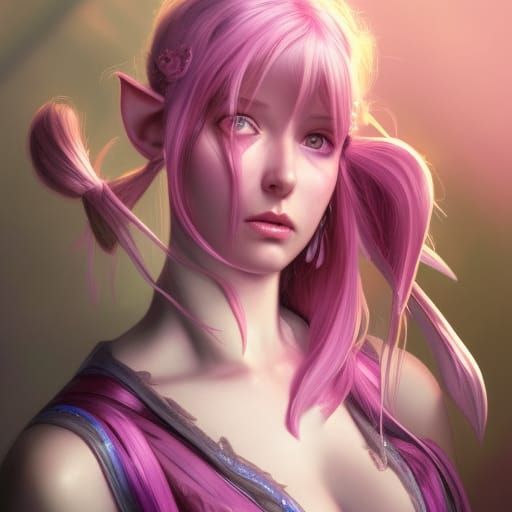 Elf Portrait with Pink Hair, Hyperdetailed Concept Art