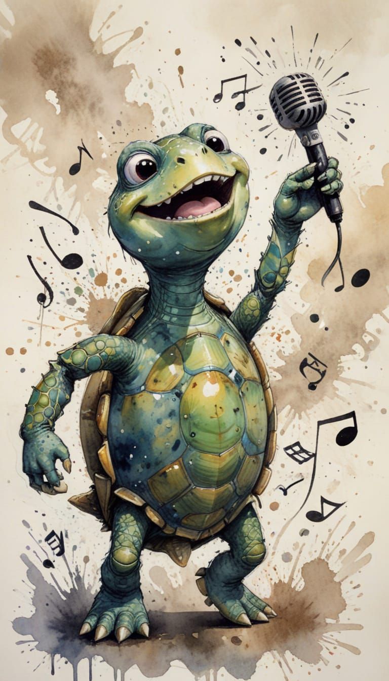 Singing Anthropomorphic Turtle Ink Splatter Image