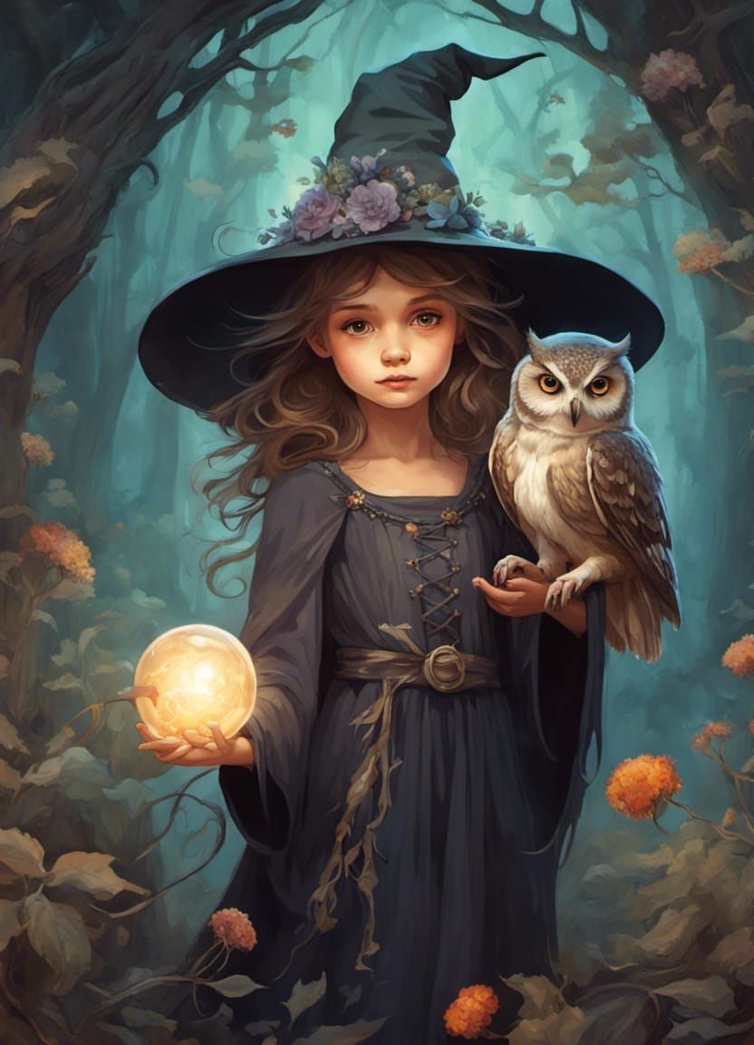 Adorable Little Witch in Gloomy Forest, Art Nouveau