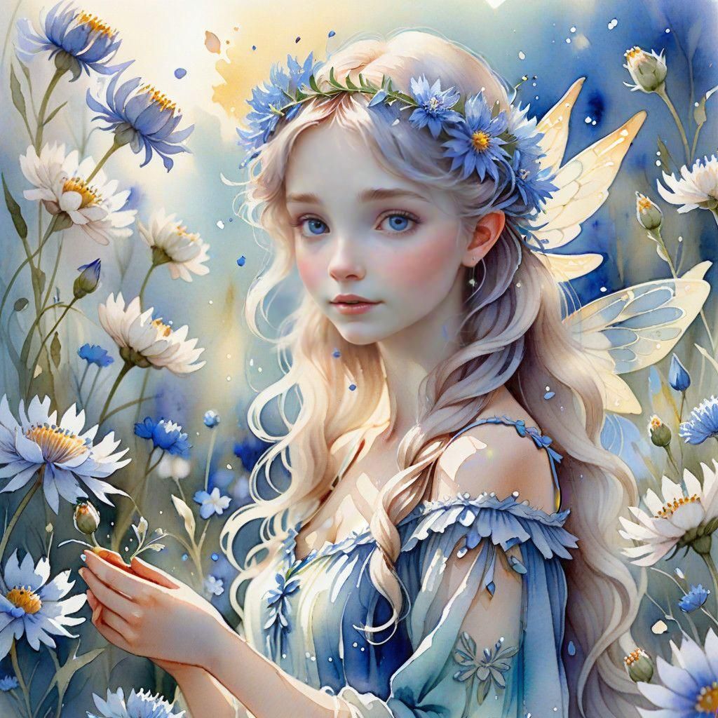 Whimsical Fairy Emerging from a Cornflower Blossom