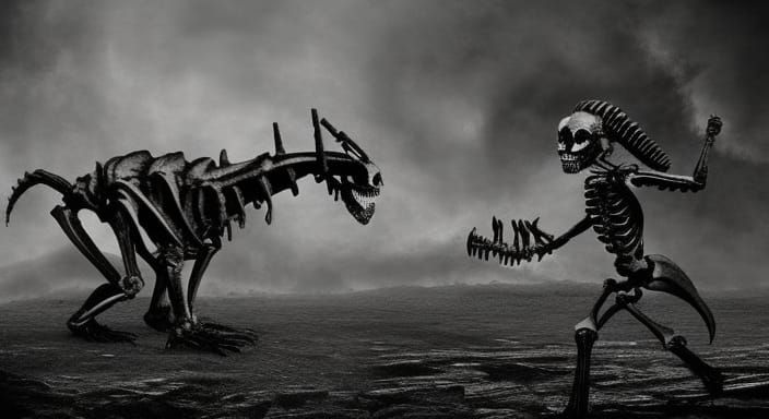 Surreal Kaiju Skeleton Creature in Dark Fantasy Landscape
