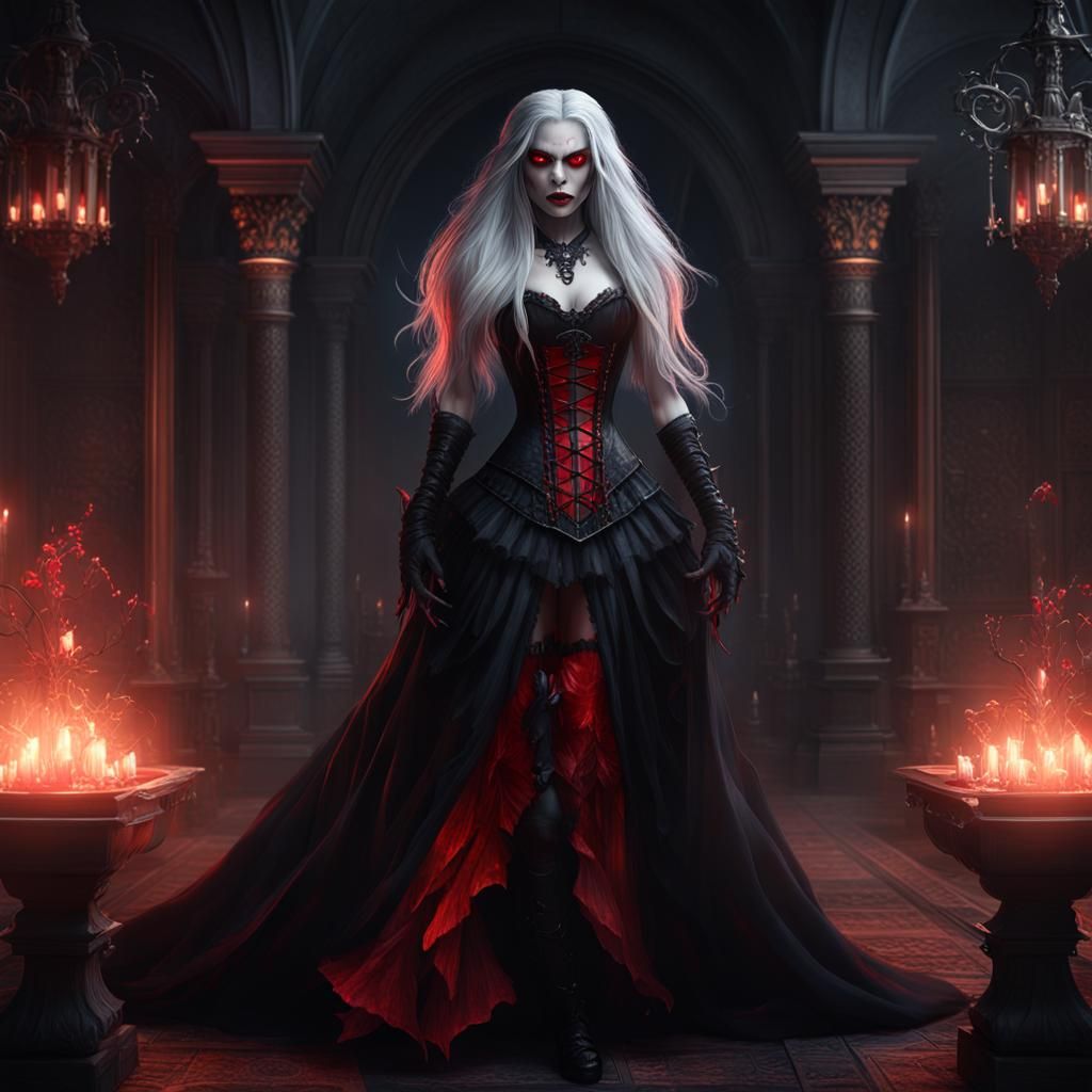 Vampire Woman with Red Eyes in Dark Fantasy Style