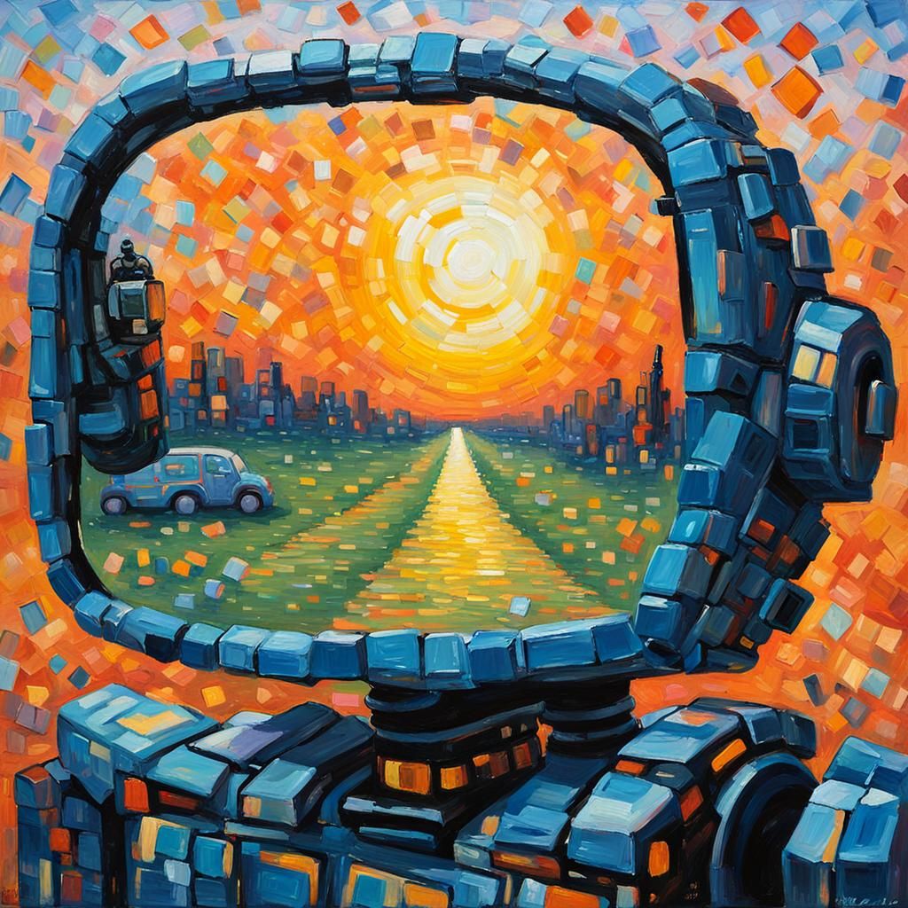 Neo-Impressionist Sunrise Reflected in Car Mirror