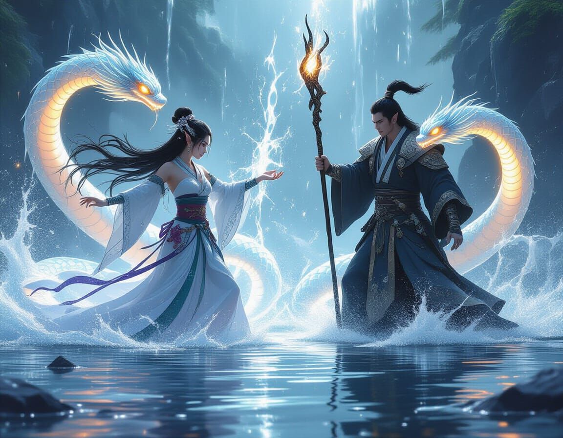 Elf and Wizard Water Battle with Serpents