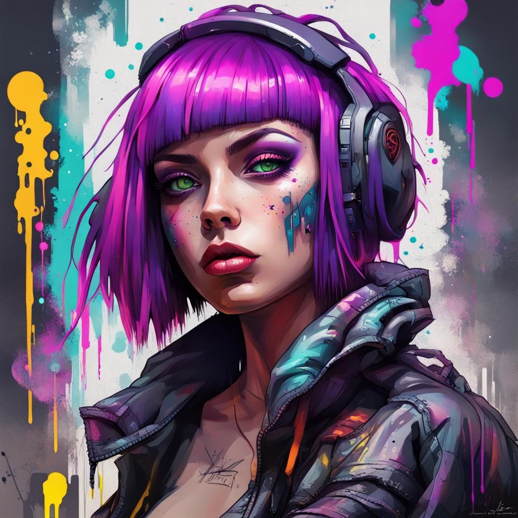 Cyberpunk Girl with Neon Effects in Graffiti Art