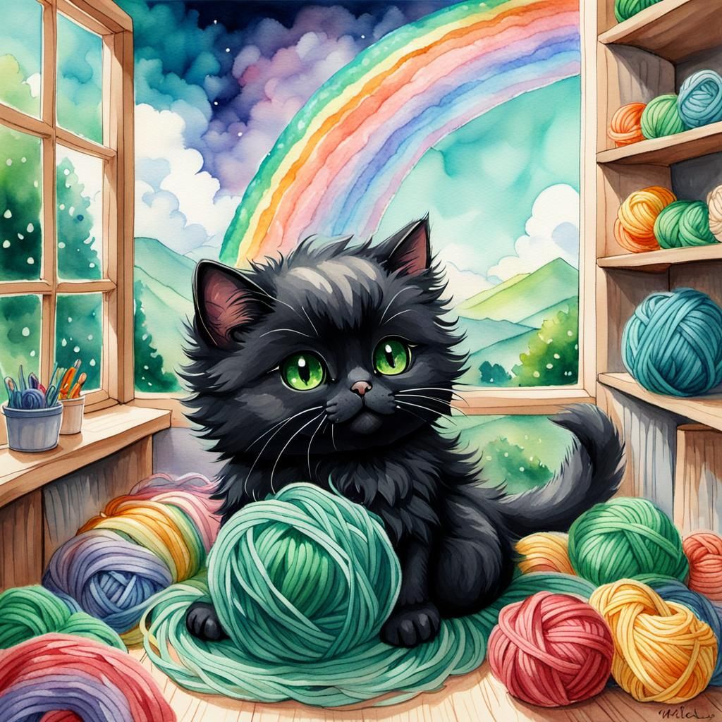 Watercolor Kitten with Rainbow Yarn Ball