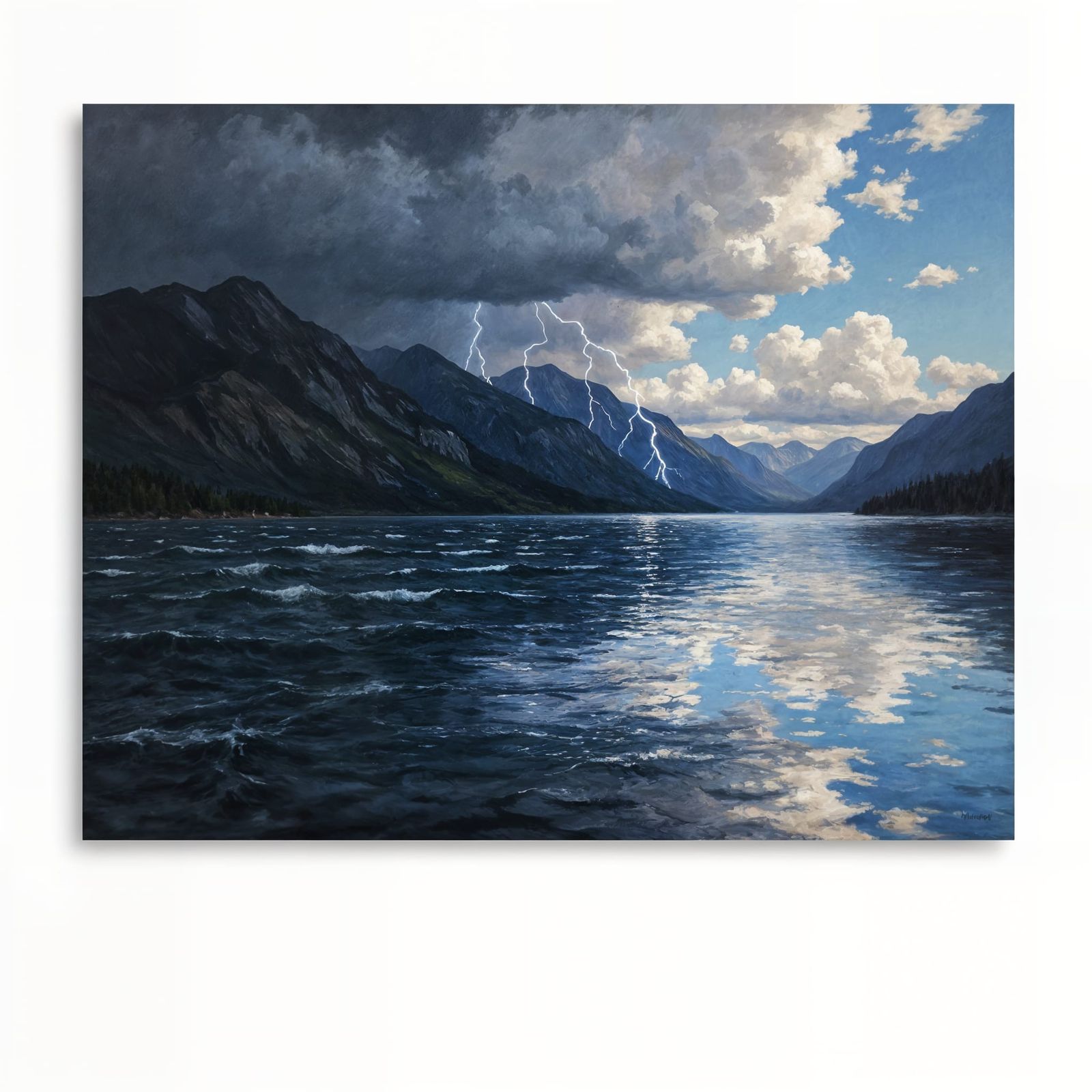 Monet-Style Seascape Painting of Stormy Mountain Lake