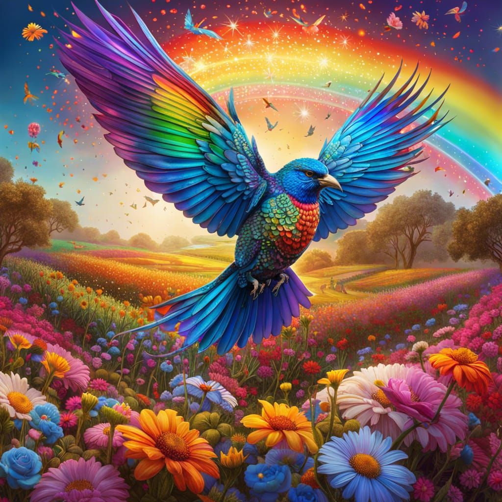 Celestial Bird Flies Above Blooming Flower Field