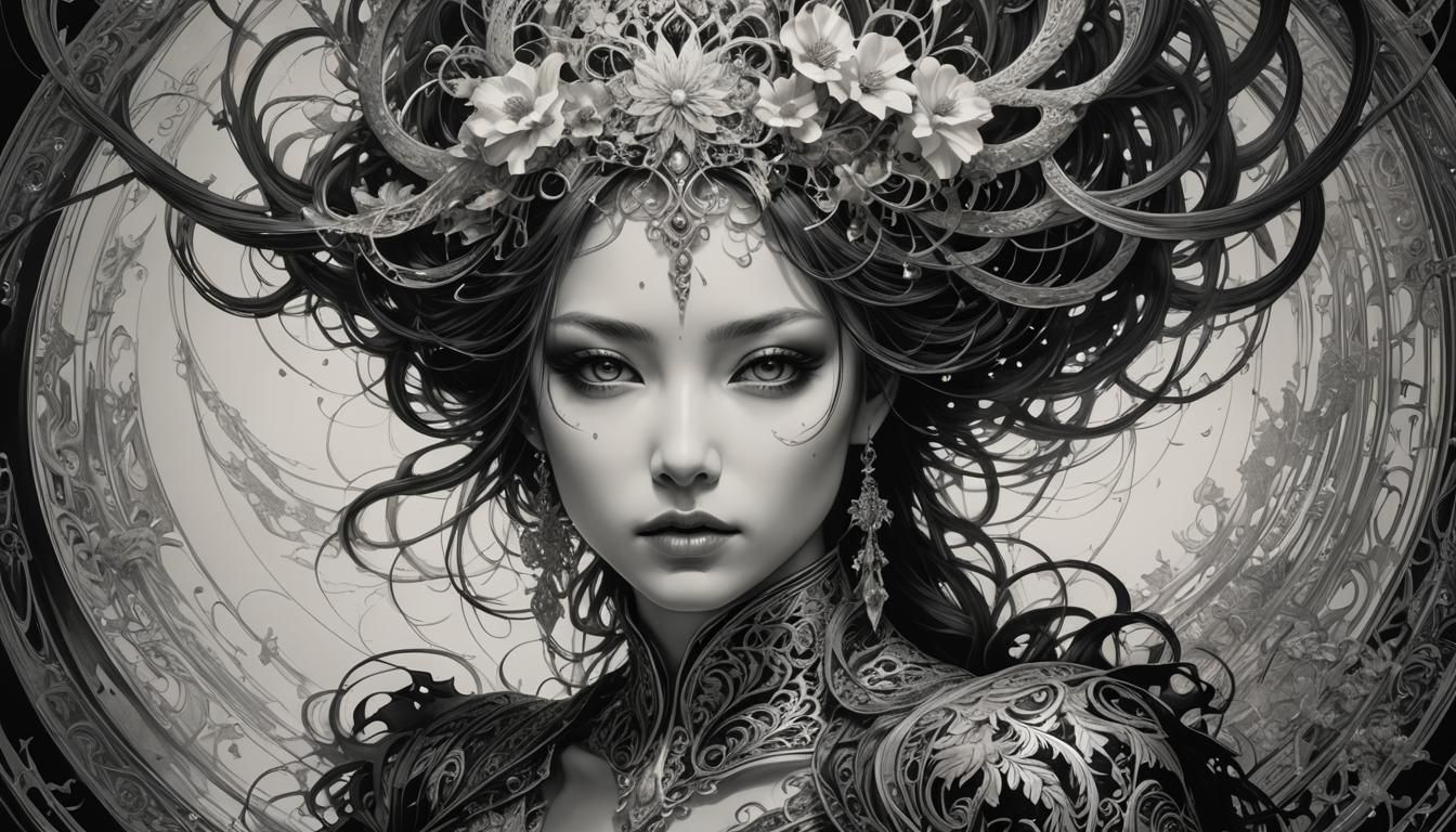 Ethereal Woman: Detailed Black and White Ink Portrait