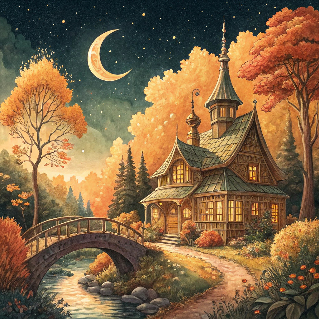 Night Golden Town Shack in Watercolor Painting