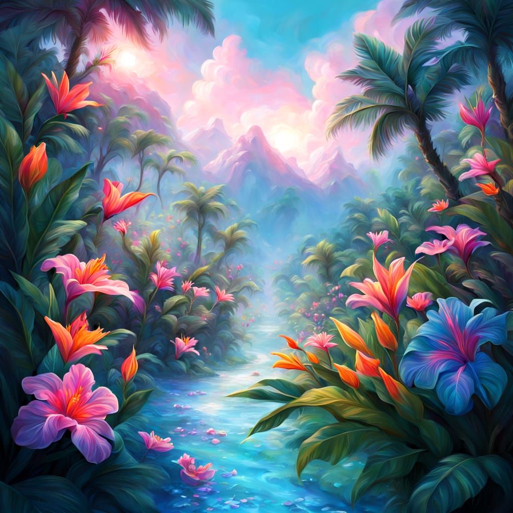 Surreal Tropical Paradise in Vibrant Oil Painting Style