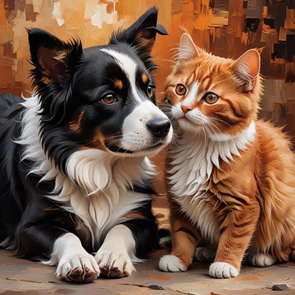 Playful Dog and Cat Friendship in Oil Painting Style