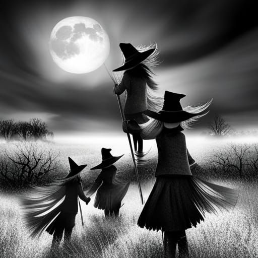 Moonlit Sky Filled with Flying Witch Silhouettes