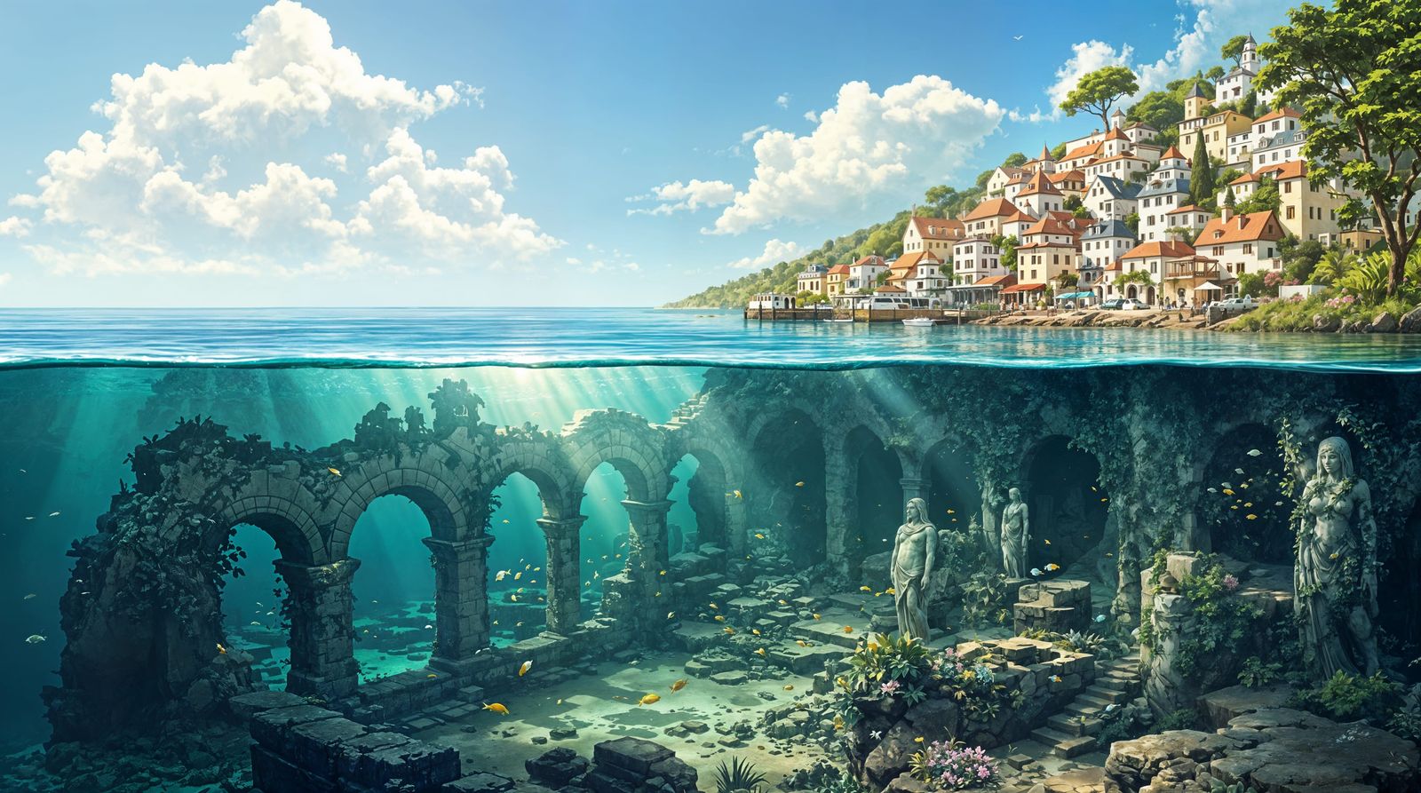 Fantasy Coastal Townscape with Sunken Ruins