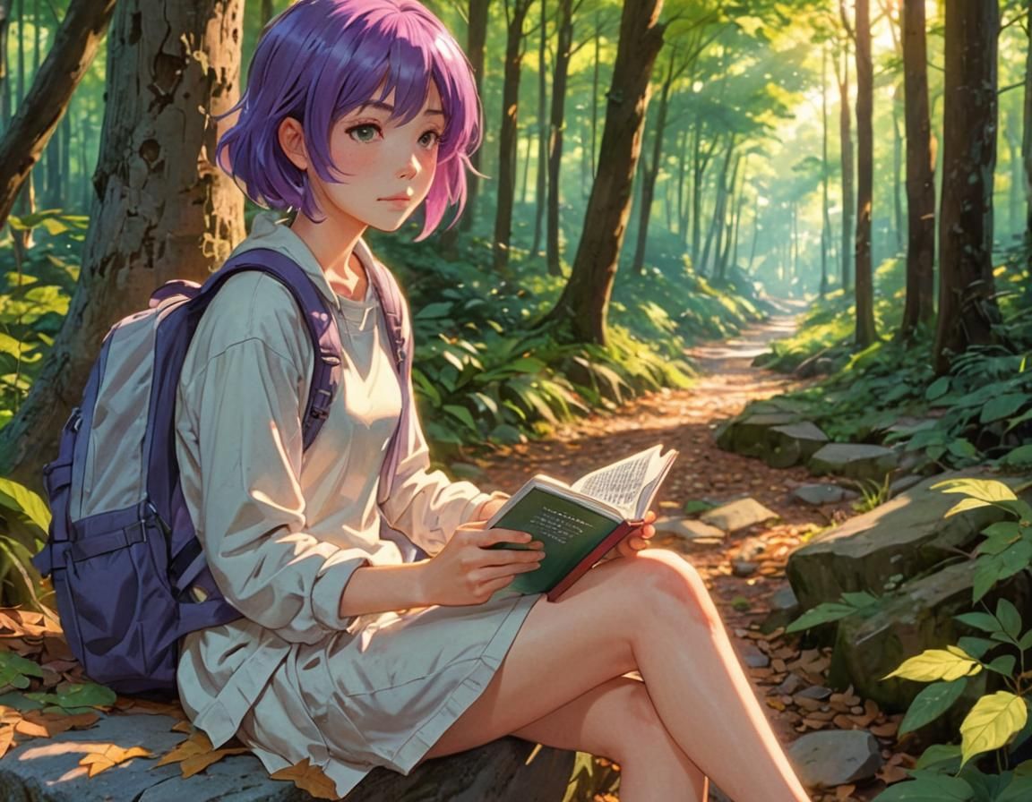 Girl Reading Book in Forest, Anime Style