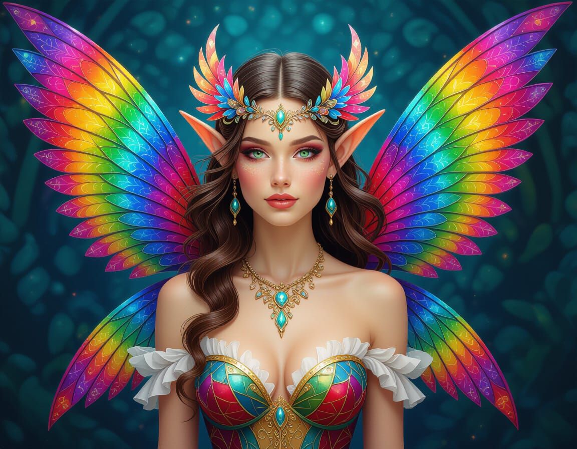 Beautiful Elf with Kaleidoscopic Wings in Fantasy Surrealism