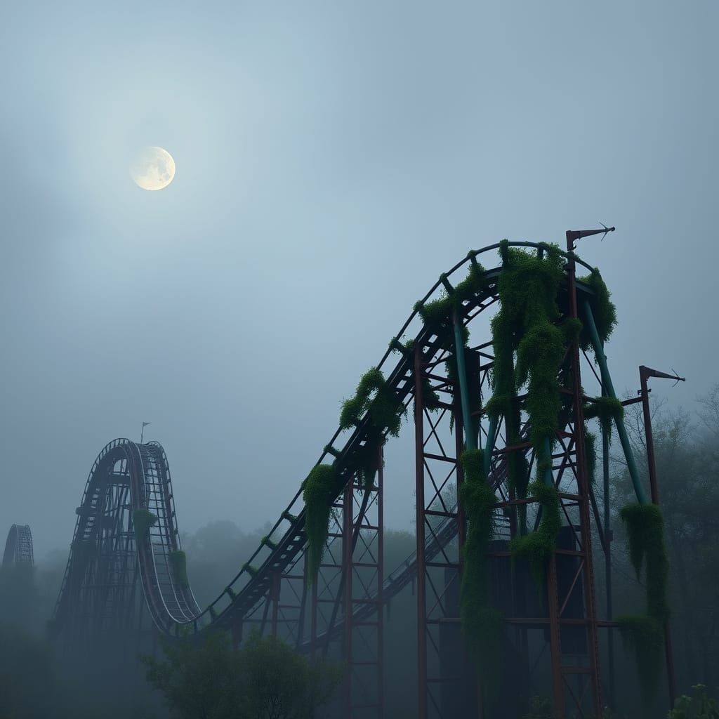 Abandoned Theme Park Under Moonlight