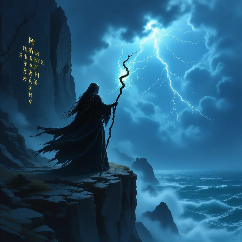 Witch on Cliff Overlooking Stormy Sea