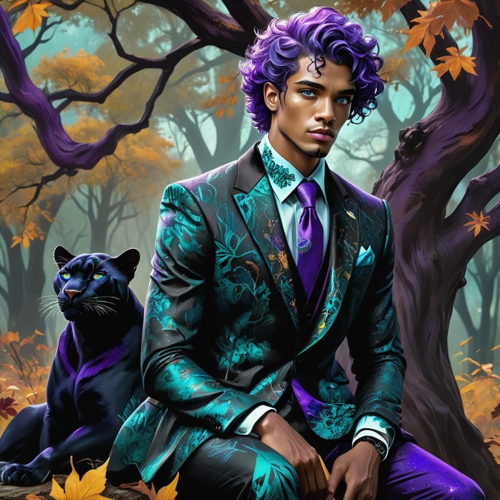 Purple Haired Man and Panther in Autumnal Fantasy Art