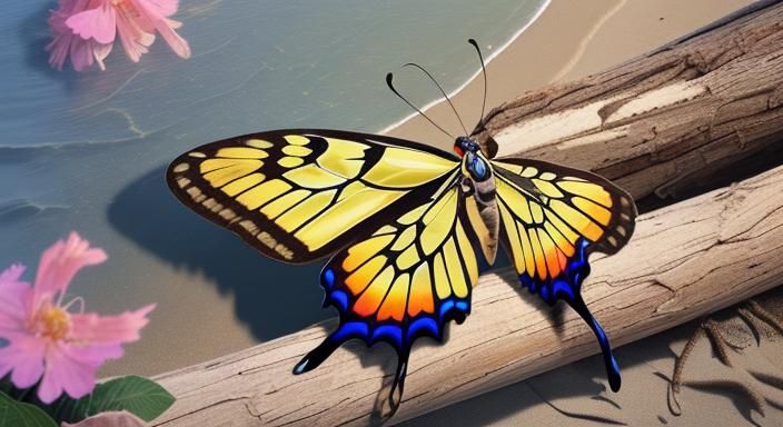 Photorealistic Mosaic Butterfly at Beach Sunrise
