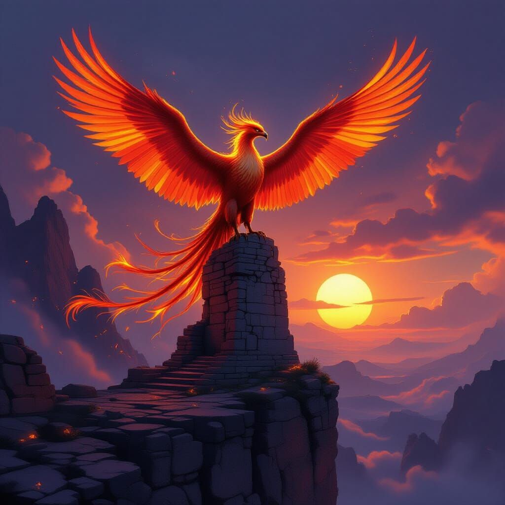 Colossal Phoenix Rests on Ancient Ruin in Fiery Display