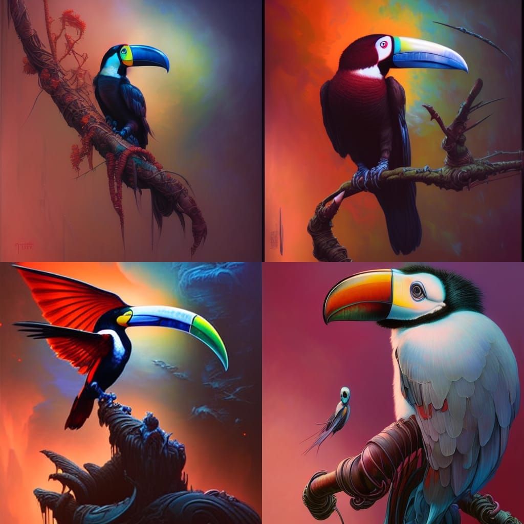 "Toucan" by Johnson Tsang, Wadim Kashin, Gerald Brom, and Julie Dillon, Dan Mumford, Peter Mohrbacher