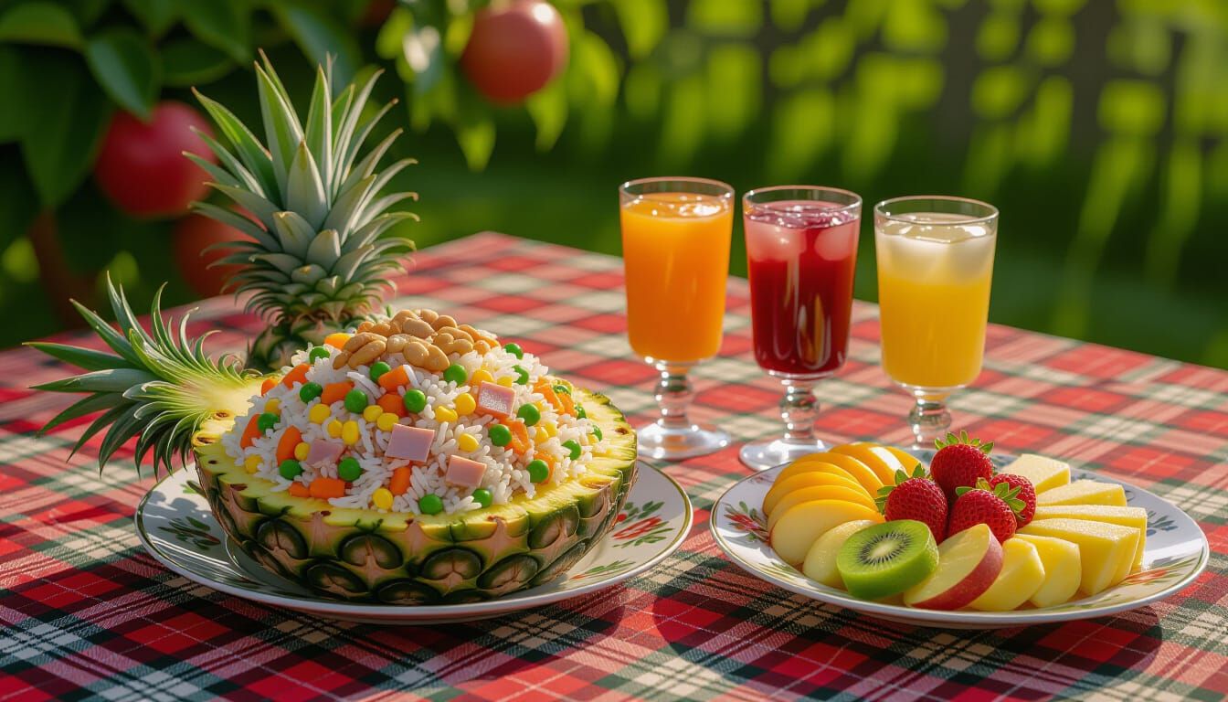 Photorealistic Fried Rice in Pineapple Bowl with Fruit Platt...