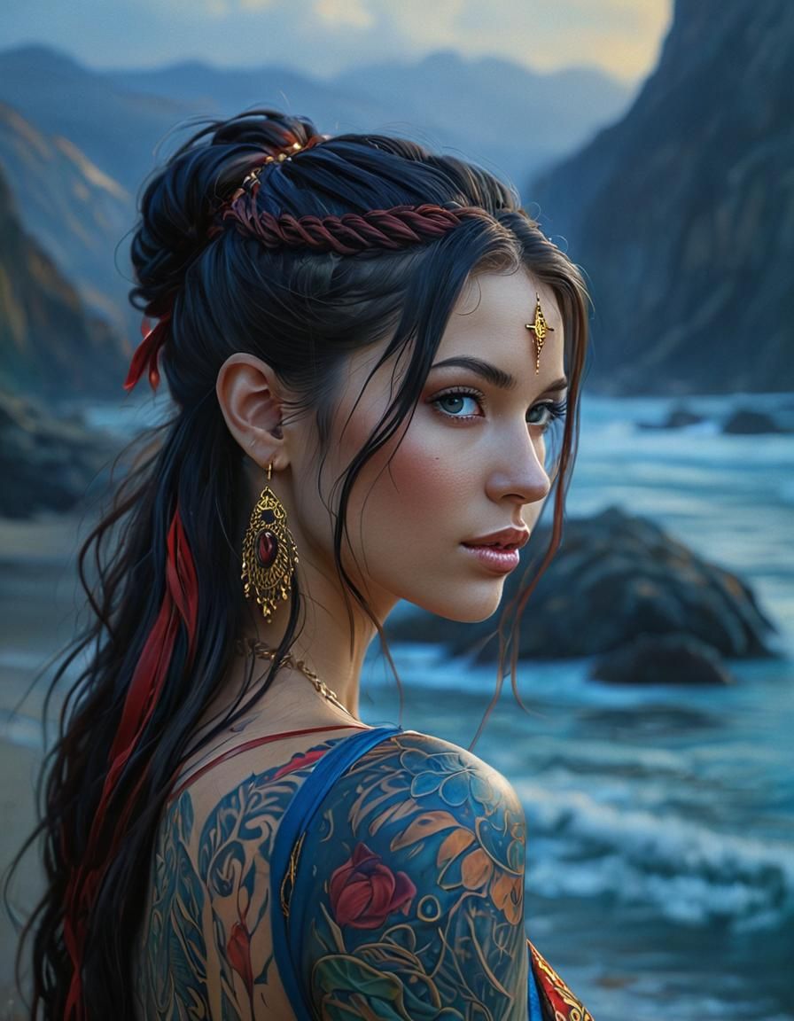 Boho Tattooed Goddess Portrait in Gold and Blue