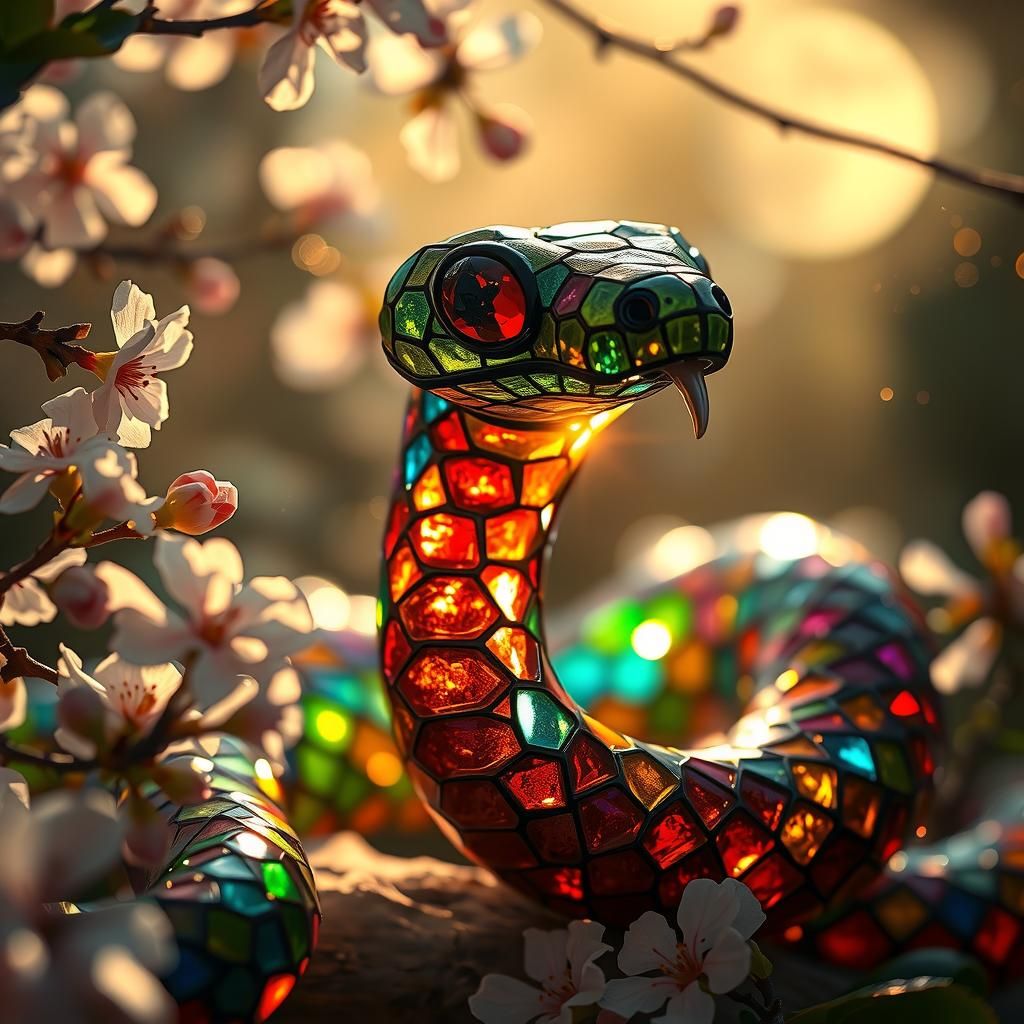 Stained Glass Serpent in Magical Garden