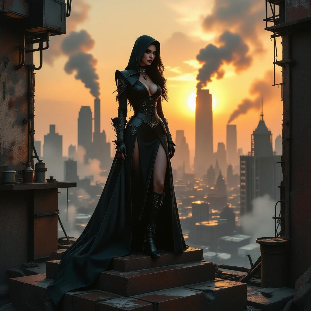 Goth Model on Rusted Ziggurat in Dystopian Cityscape
