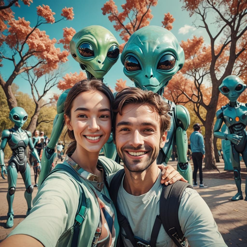 Futuristic Couple Selfie with Alien Photobomb