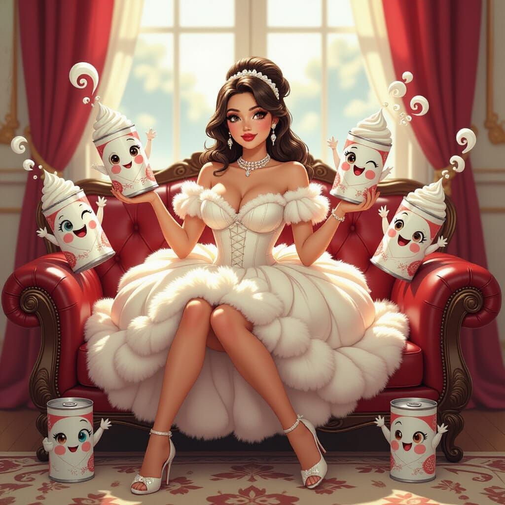 Whimsical Woman-Cake Hybrid on Crimson Couch