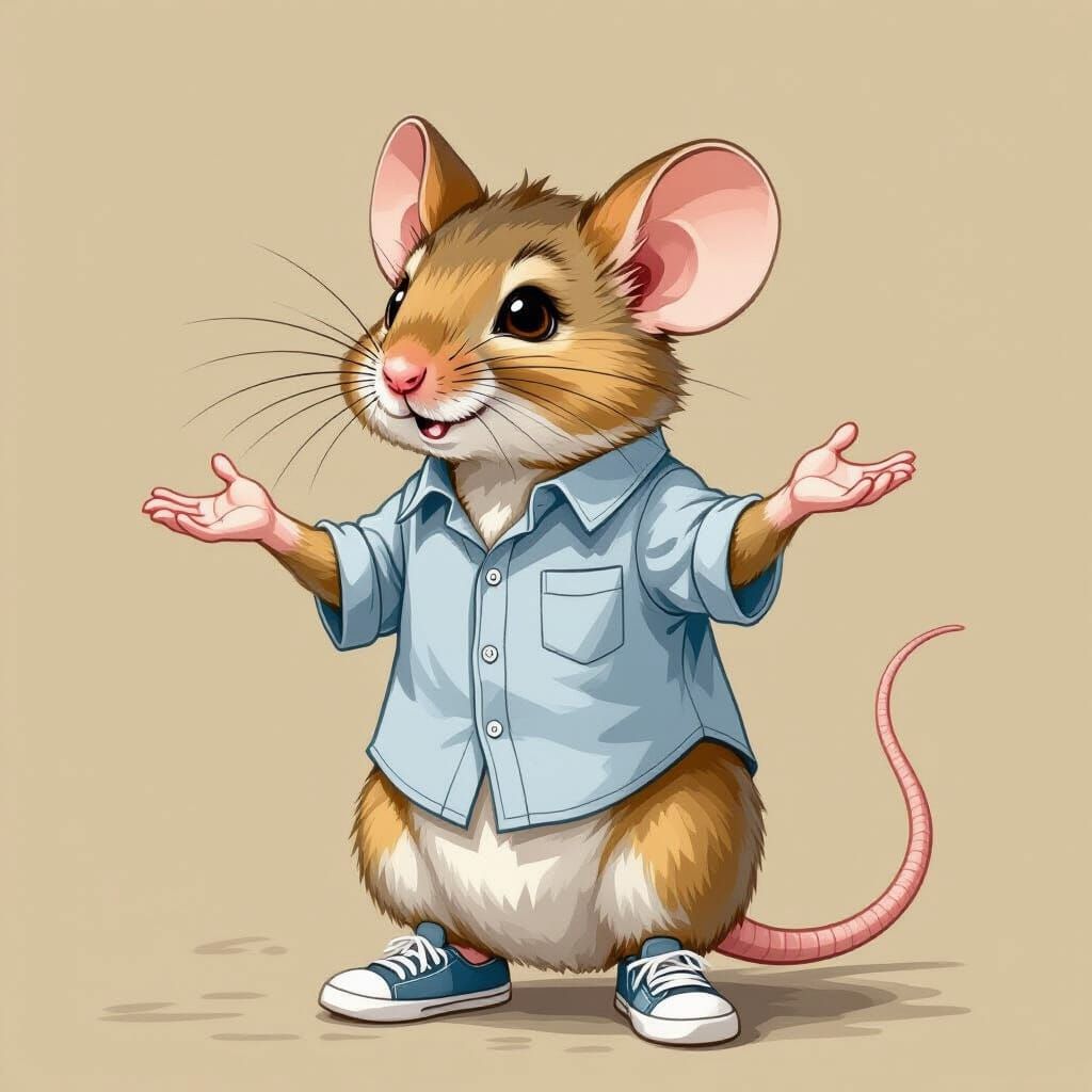Timid Mouse Shrugging, Whimsical Illustration Style