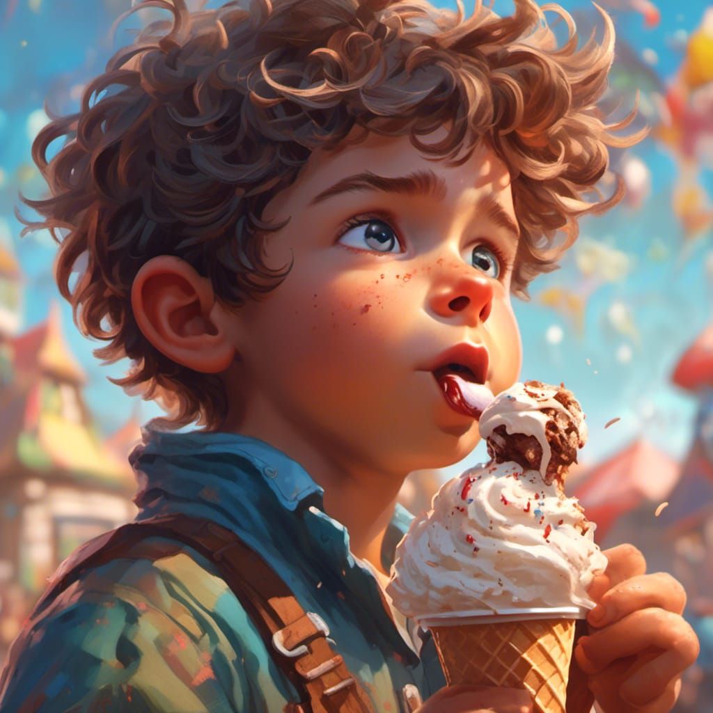 Hyperreal Portrait of a Cute Boy Eating Ice Cream