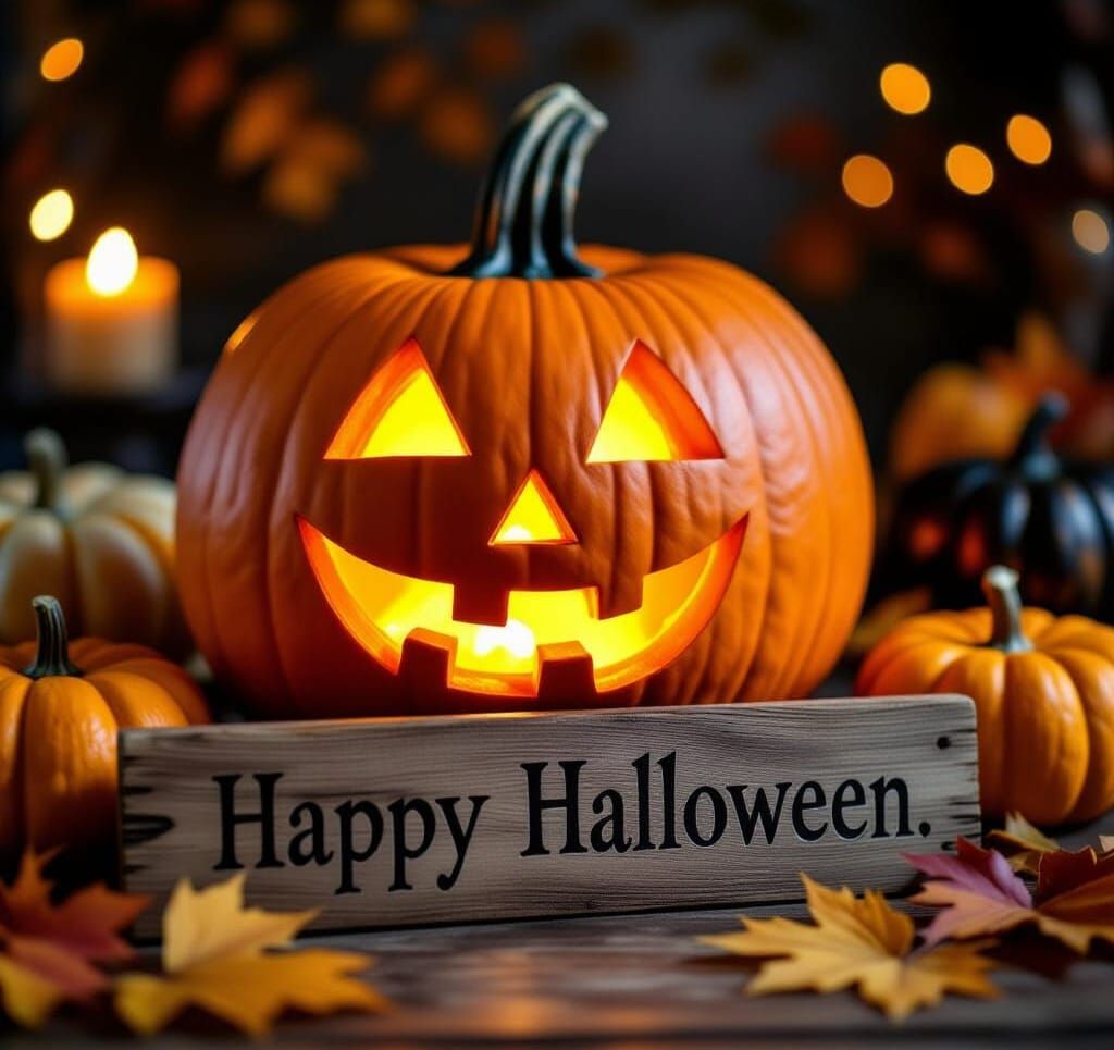 Cozy Halloween Pumpkin Scene with "Happy Halloween" Sign