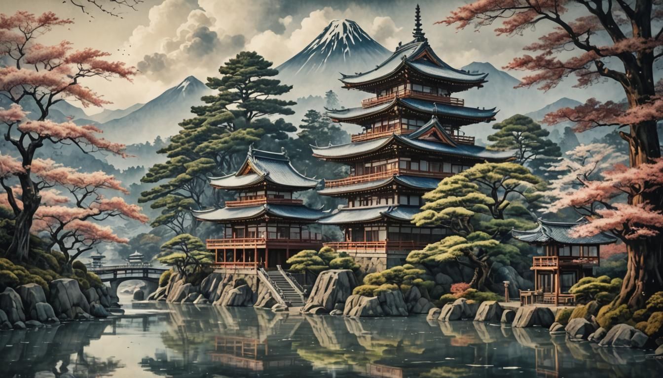 Japanese Temple in Watercolor Style by Hokusai