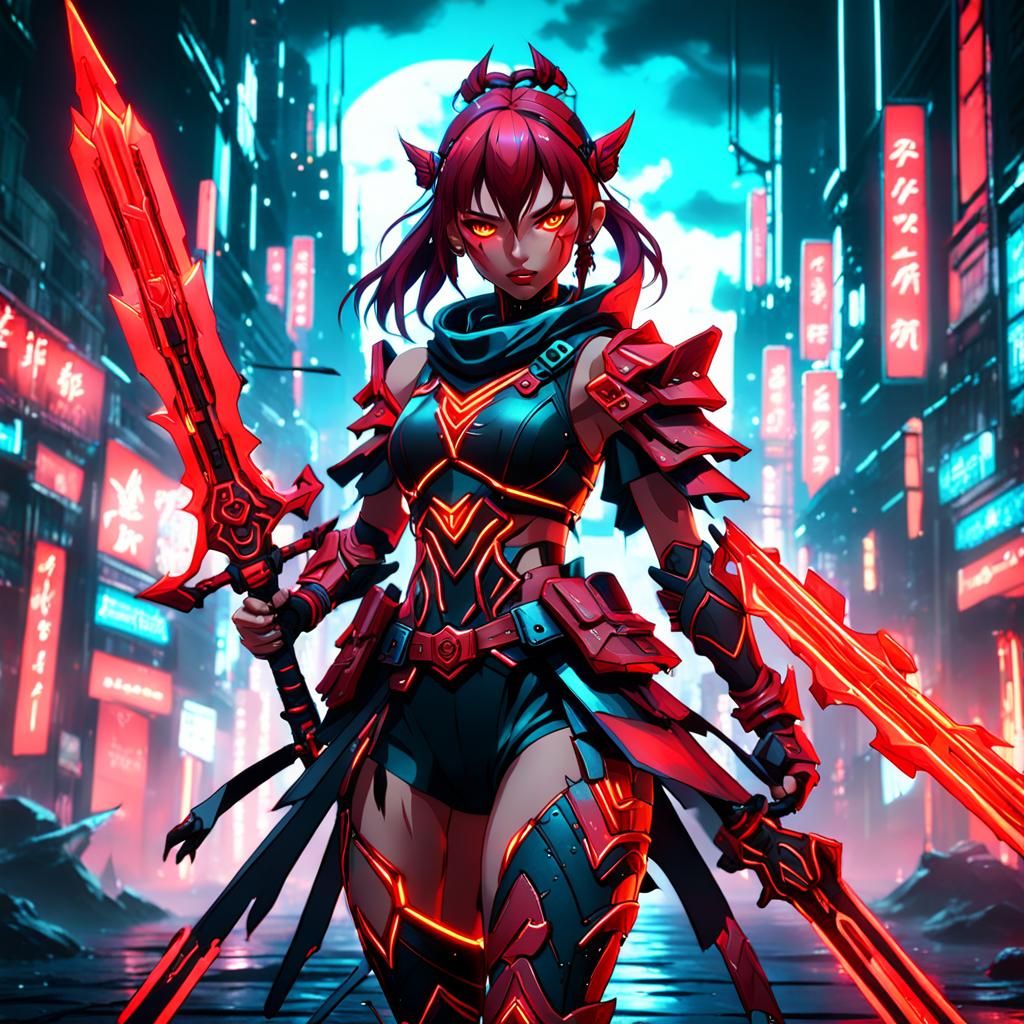 Anime Dark Red Neon Warrior Girl, Detailed Matte Painting