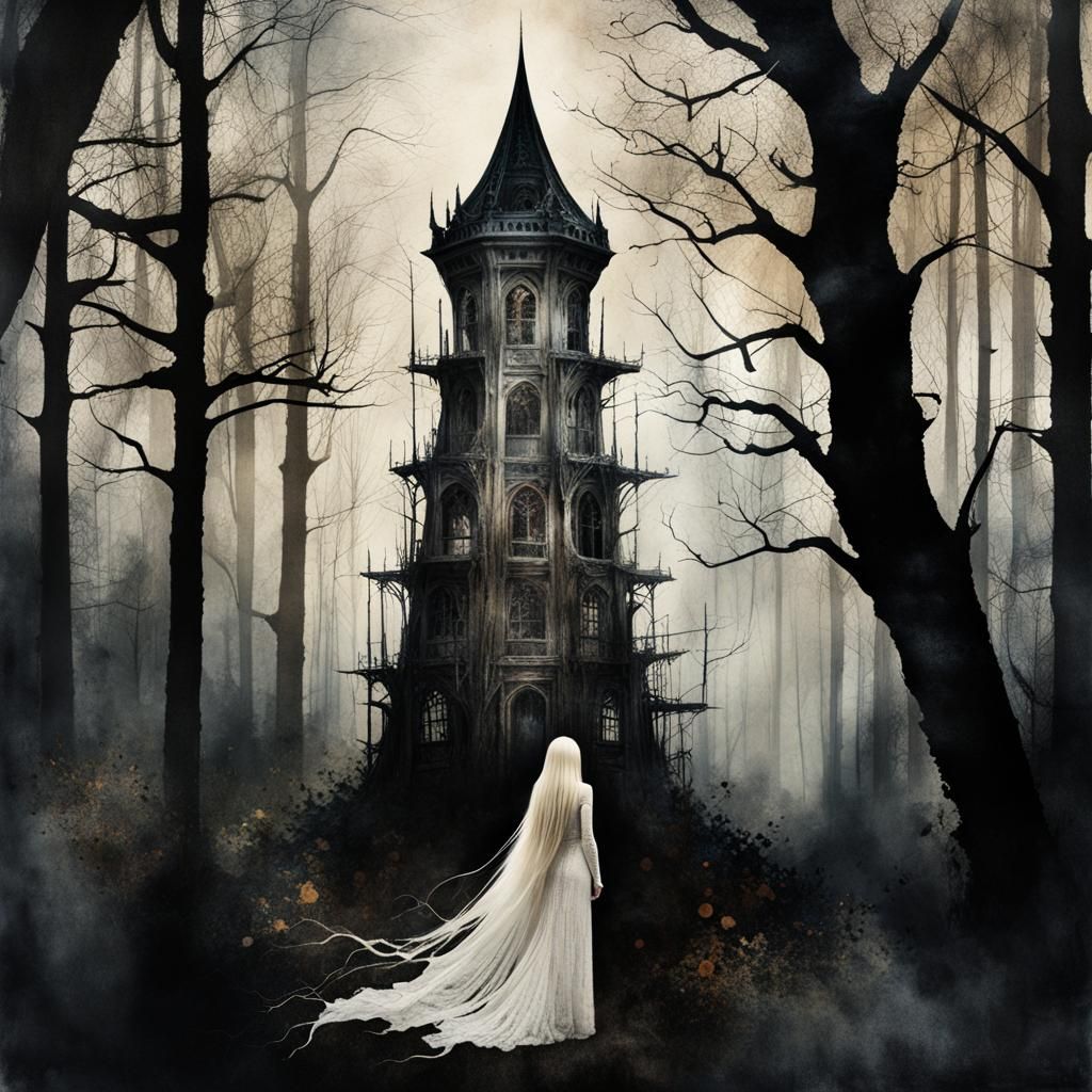 Eerie Tower in Forest with Flowing Hair