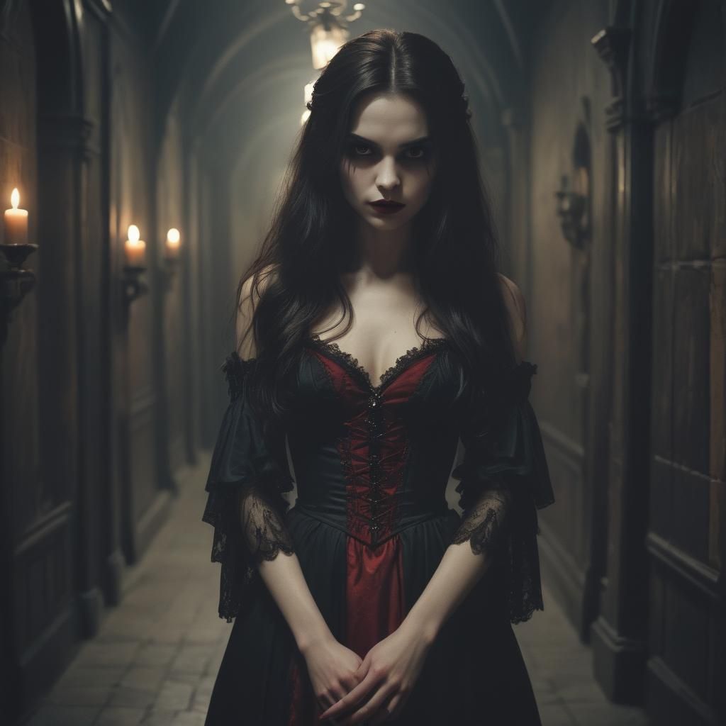 Gothic Female Vampire in Darkly Lit Hallway