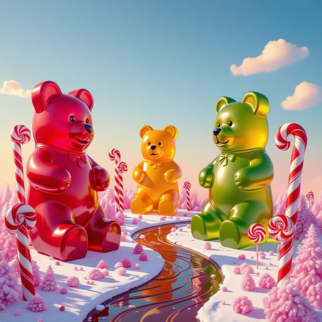 Gummy Bear City Skyline with Chocolate Rivers