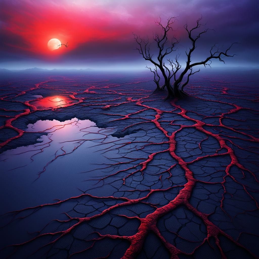 Desolate Indigo Landscape with Crimson Horizon