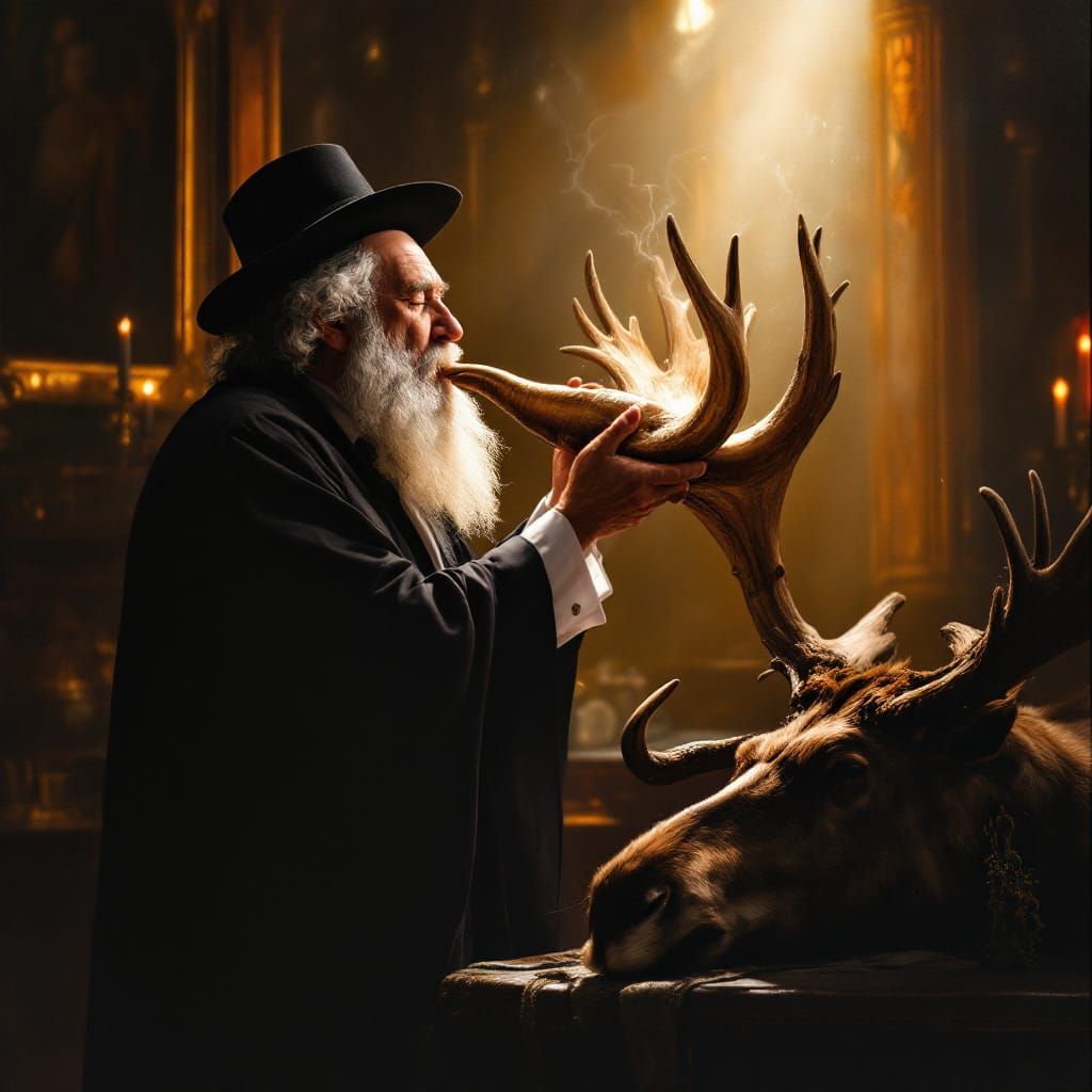 Elderly Hasidic Man Blows Shofar in Synagogue, Oil Painting