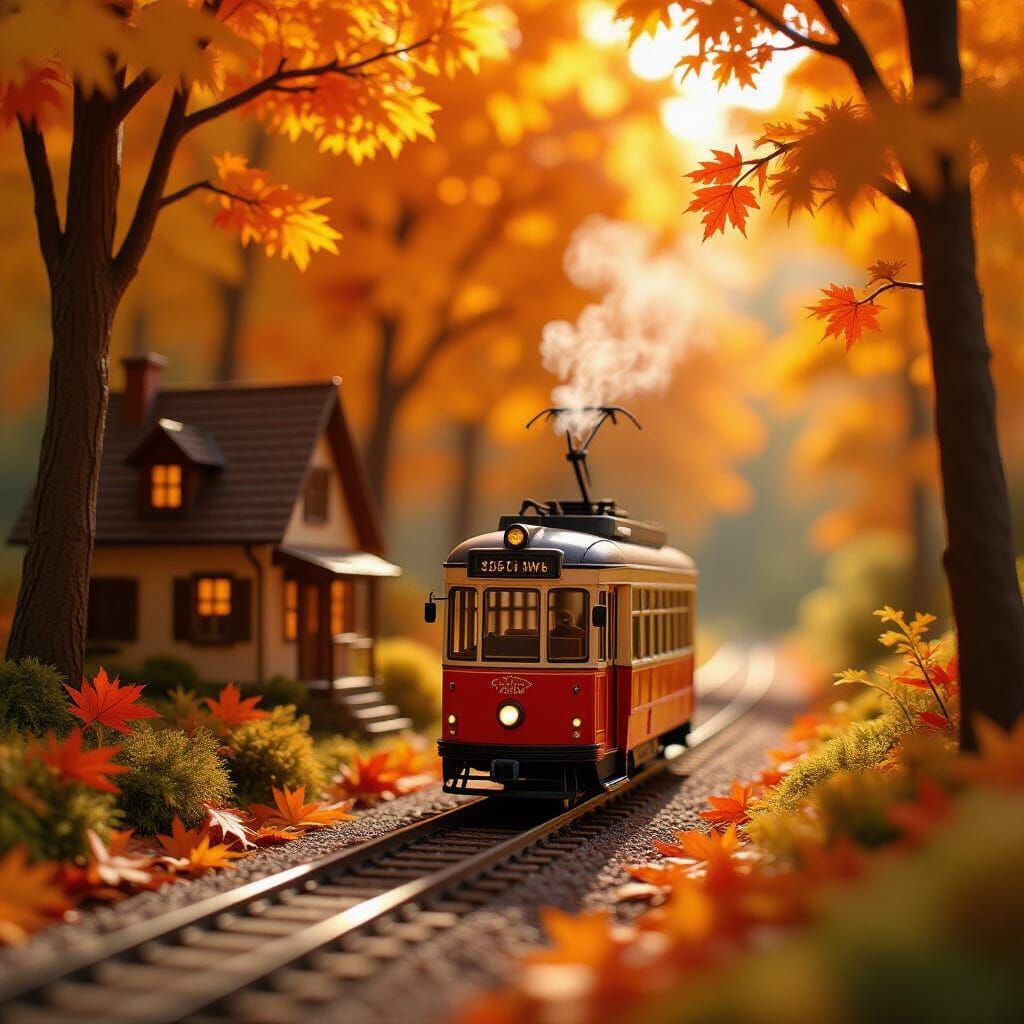 Miniature Autumn Tram Journey Past Cozy Forest House