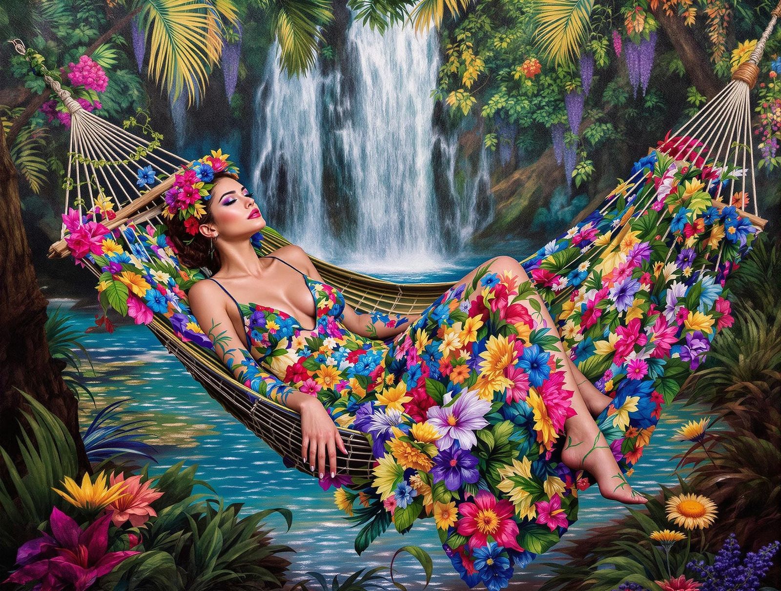Surrealist Tropical Paradise with Impasto Florals in a Dream...
