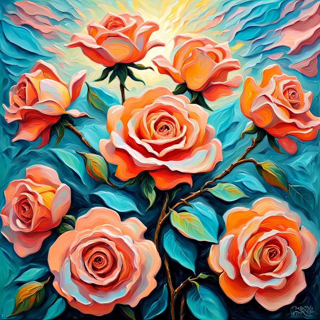 Peach Roses in Expressionist Oil Painting