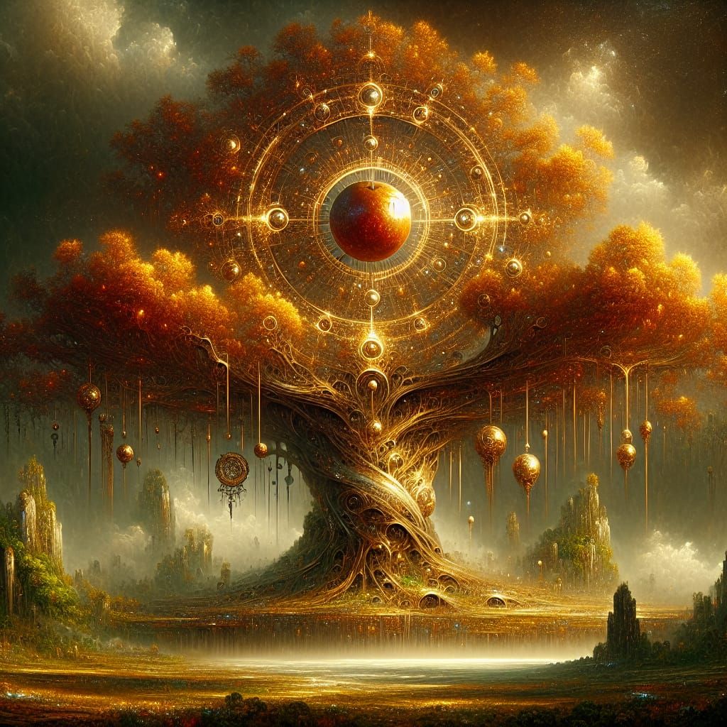 Fantastical Tree with Golden Fruit in Matte Painting Style